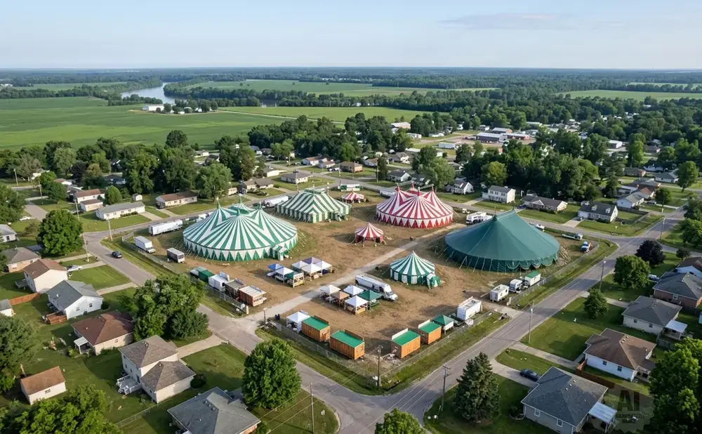 Aerial view of a circus encampment with multiple tents, trailers, and surrounding residential homes.