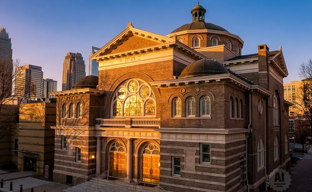 Sunrise illuminates a brick church with stained glass and a dome, city buildings in the background.