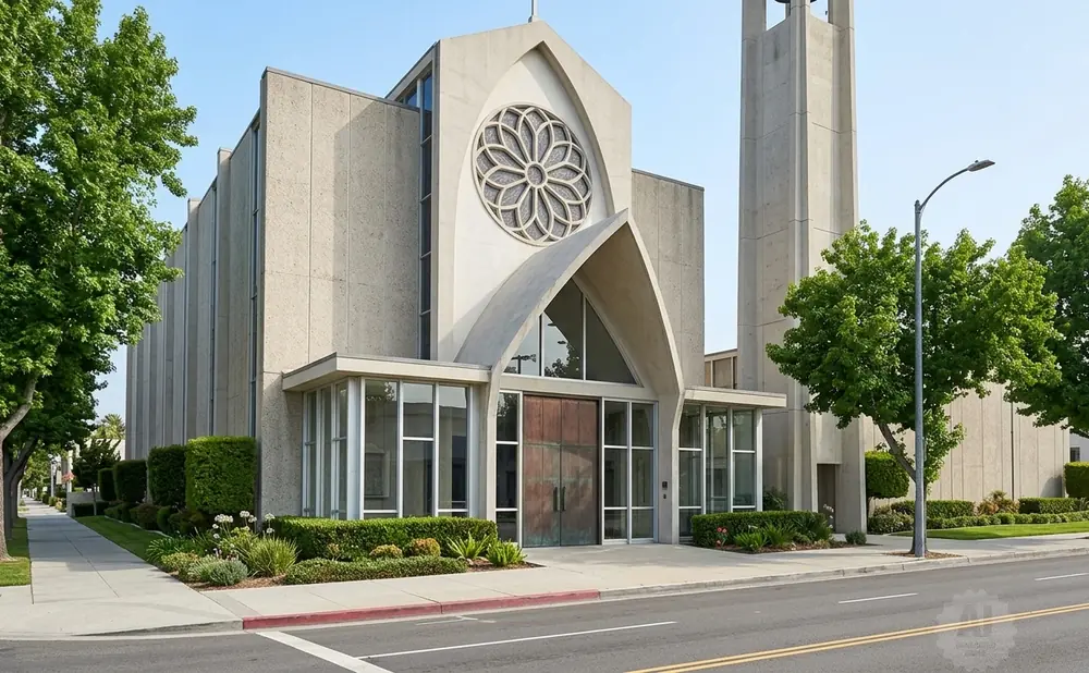 Modern church with concrete facade, rose window, and bell tower.