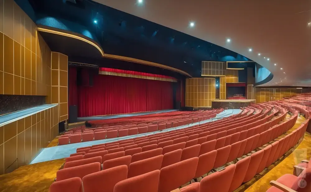 An empty, opulent theater with red velvet seats and a large stage with red curtains.