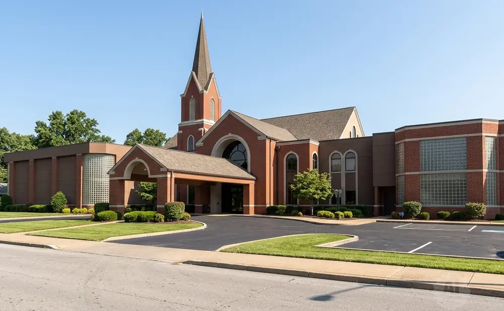 A brick church with a tall steeple and modern additions sits under a clear blue sky.