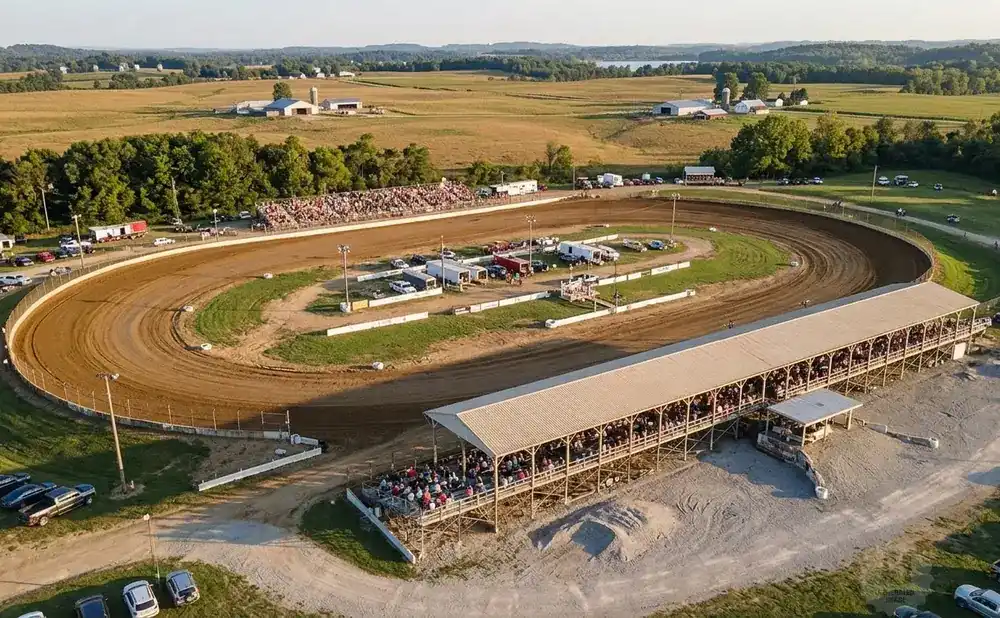 Aerial view of a dirt track race with grandstands filled with spectators and cars parked around the facility.