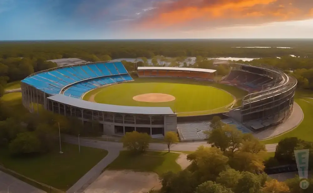 Aerial view of a baseball stadium with blue seats, a green field, and an orange sunset sky.
