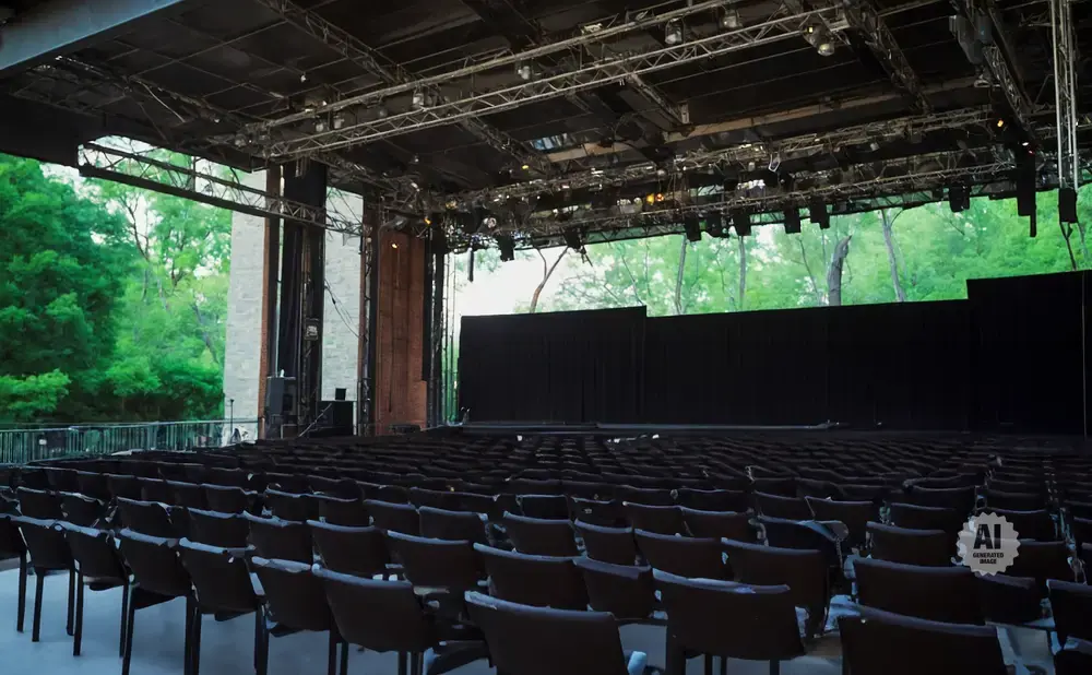 Outdoor amphitheater with rows of dark chairs facing a stage backed by black curtains and surrounded by trees.