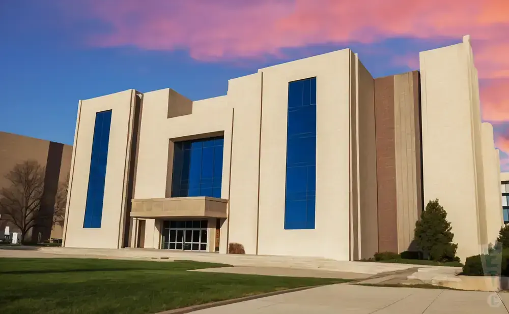 A modern beige building with large blue windows under a pink and blue sky.