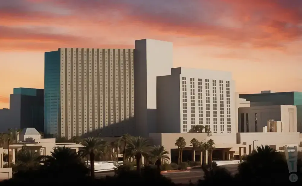 A modern resort with tall buildings and palm trees under a colorful sunset sky.