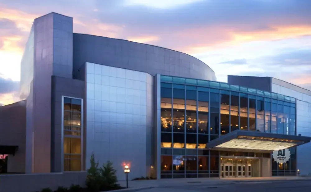 Modern building with glass facade and illuminated interior at dusk