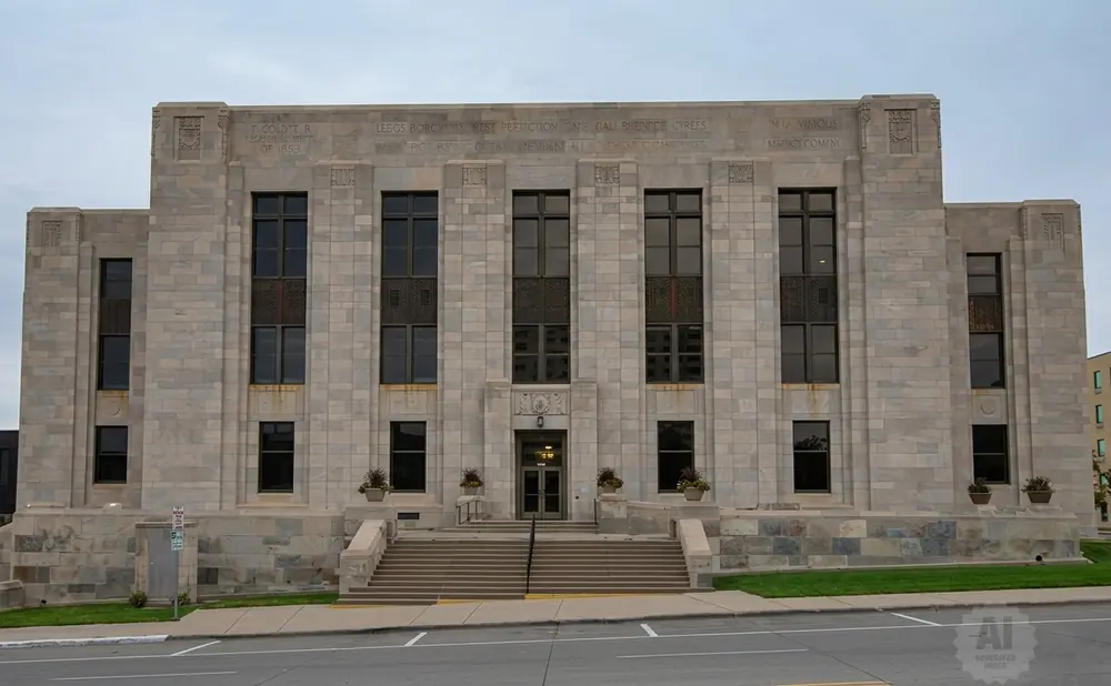 Art Deco courthouse with limestone facade and prominent central entrance flanked by windows.