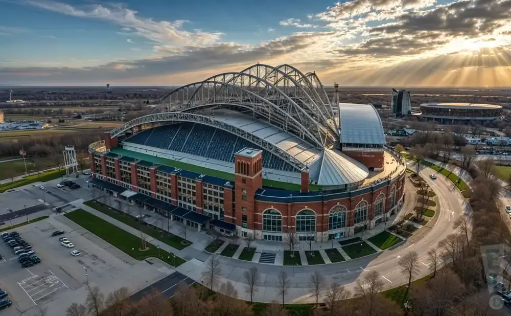 Drone view of American Family Field stadium at sunset with dramatic clouds.