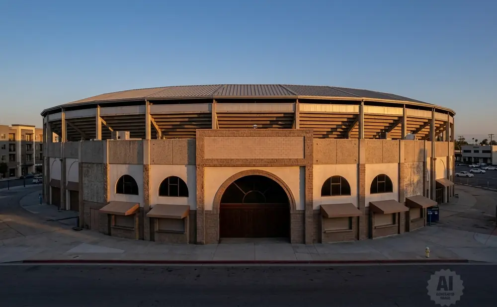 A large, round stadium with tiered seating and a large arched entrance at sunset.