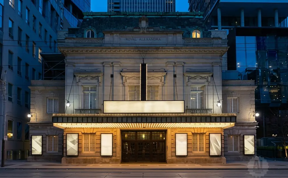 Royal Alexandra Theatre at dusk, with illuminated marquee and surrounding modern buildings.