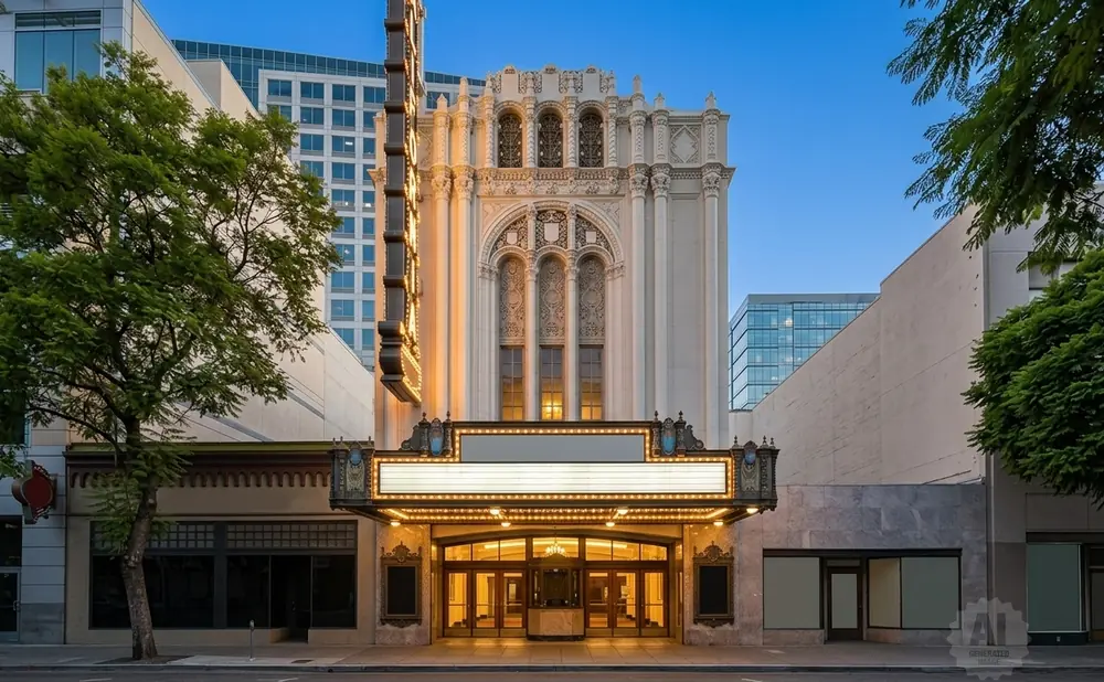 Historic theater with ornate facade and illuminated marquee, flanked by modern buildings and trees.
