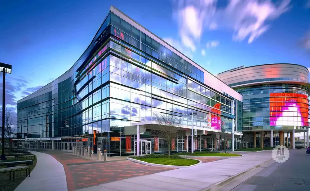Modern glass building with curved architecture and digital displays, reflecting a cloudy blue sky.