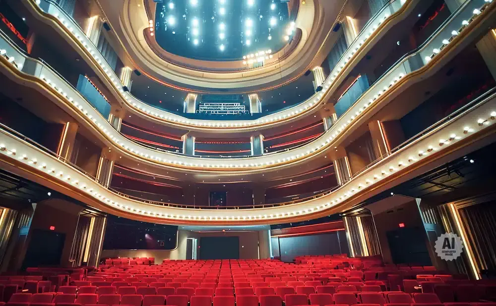An empty, opulent theater with plush red seats and tiered balconies illuminated by warm, golden lights.