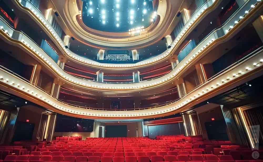 Interior of a grand, ornate theater with red velvet seats and tiered balconies lit by warm lights.