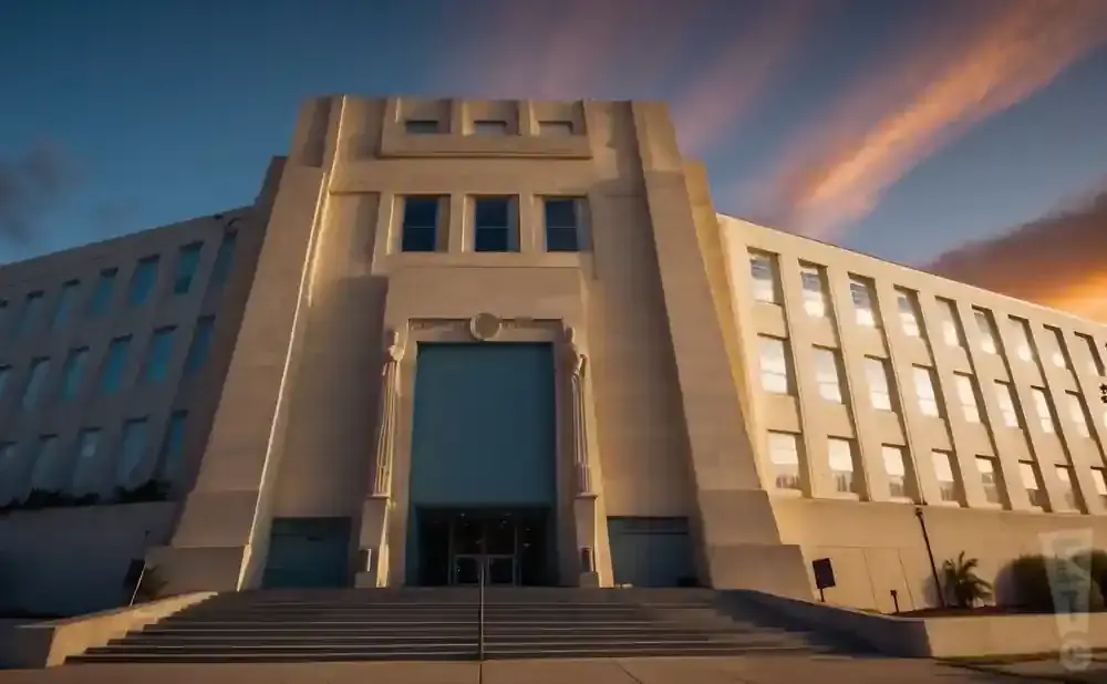 A modern, pale building with many windows, a wide staircase, and a dramatic sunset sky.