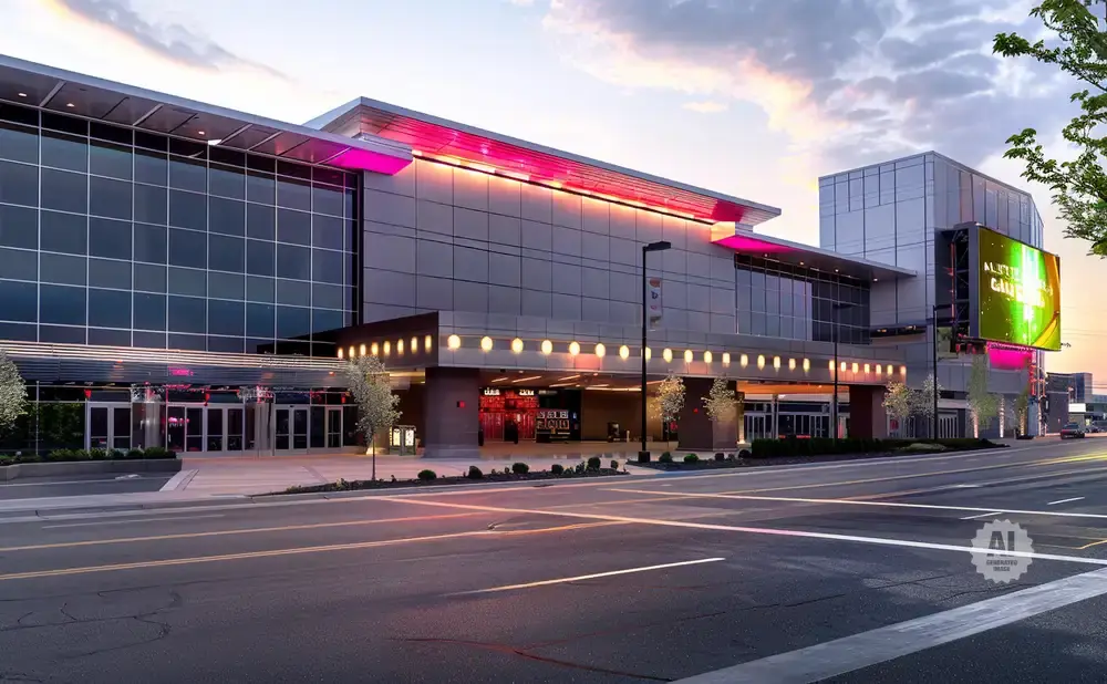 Modern entertainment venue with large glass windows, illuminated signage, and a digital billboard at dusk.
