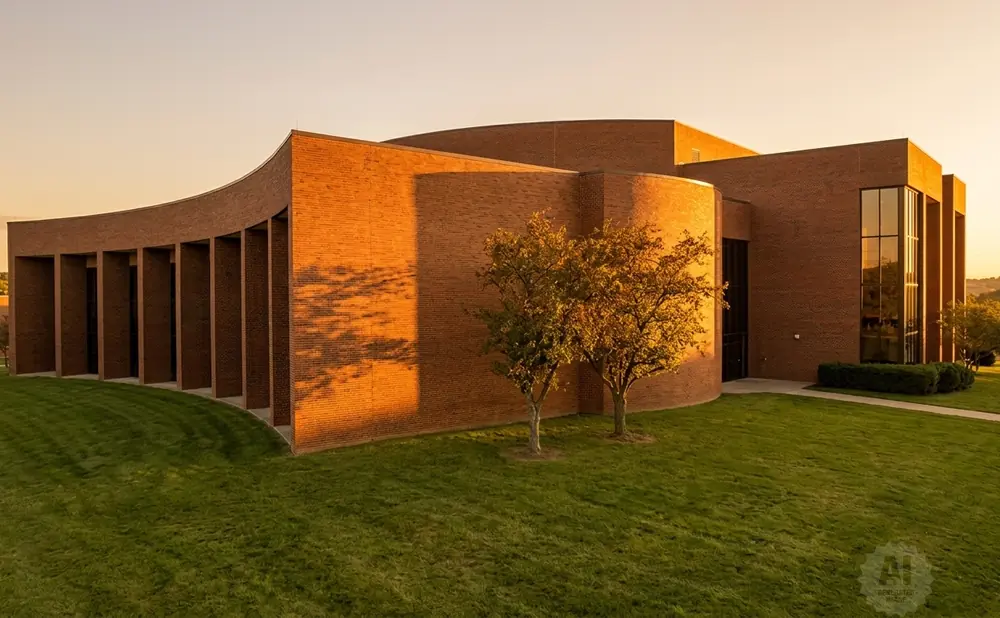 Brick building with curved facade and tall windows, bathed in warm sunset light, with trees and a manicured lawn.