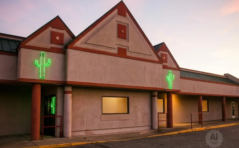 Neon green cactus signs on a stucco building with red trim, at dusk.