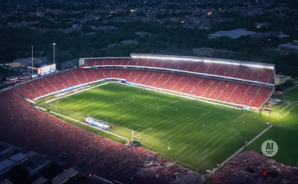 Aerial view of a soccer stadium at night, filled with red-clad fans under bright stadium lights.