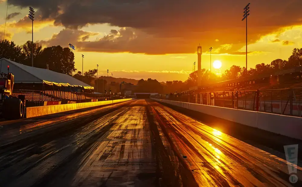 A drag strip at sunset, with bright orange sun illuminating the track and clouds.