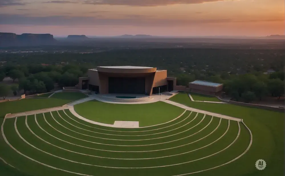 An outdoor amphitheater with a stage at sunset.