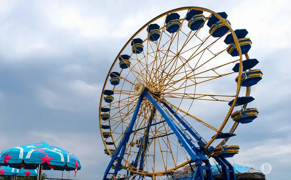 A yellow and blue Ferris wheel stands tall against a cloudy sky, with a patterned umbrella in the foreground.