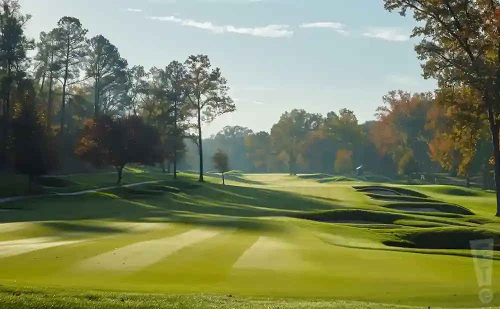 A scenic golf course with manicured fairways and sand traps, bordered by autumn trees.