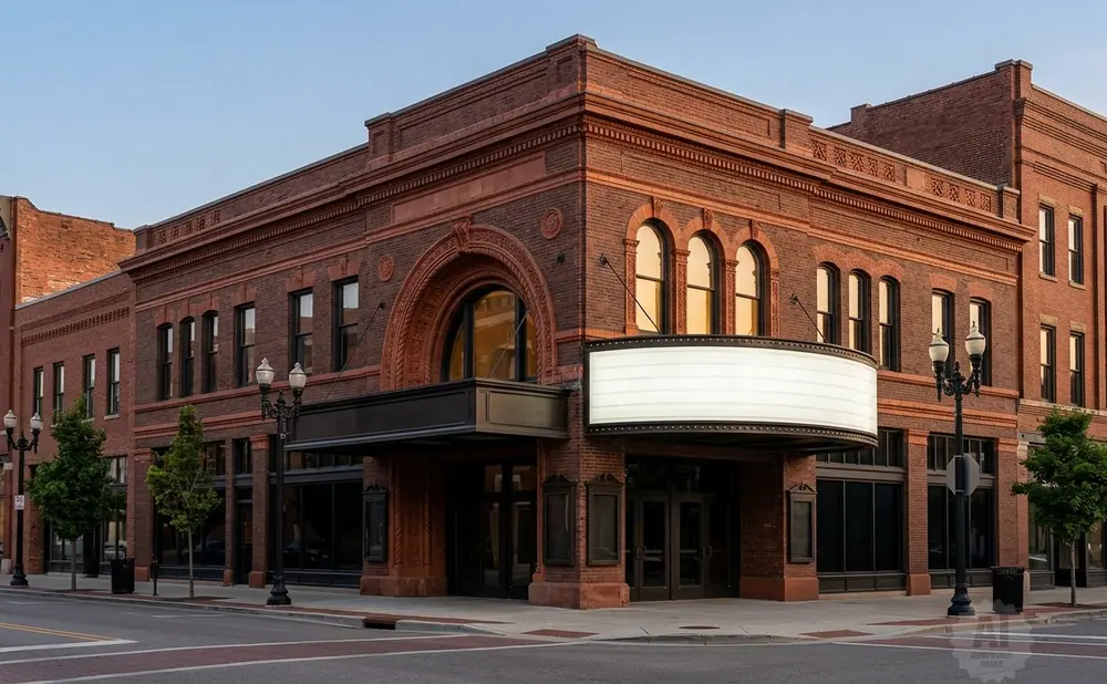 An old brick theater with a marquee and arched windows on a street corner.