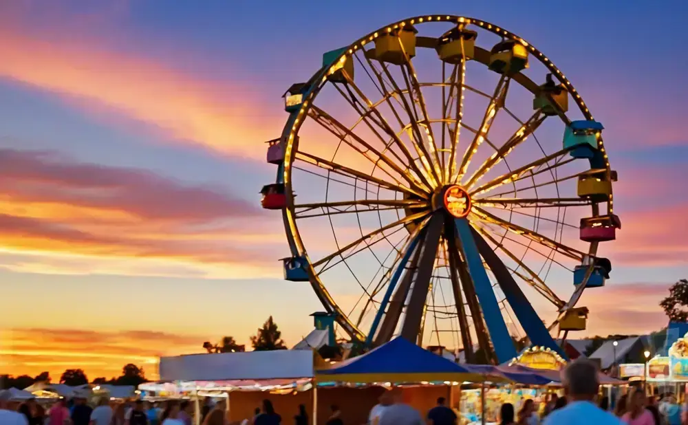 A Ferris wheel glows at sunset with colorful cabins against a vibrant sky.
