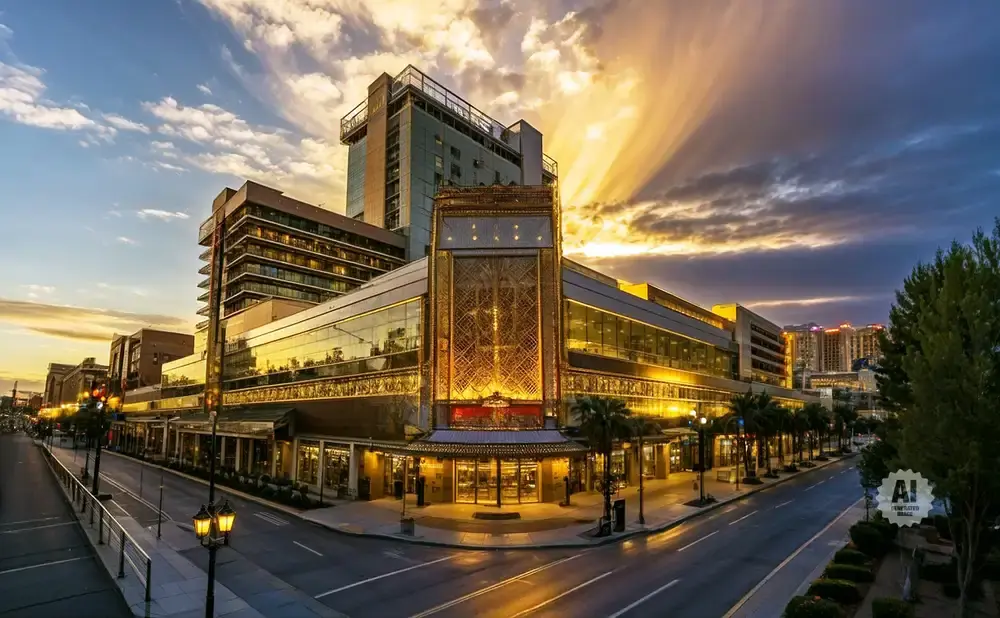 A modern building with ornate gold accents at sunset, with dramatic sunbeams in the sky.
