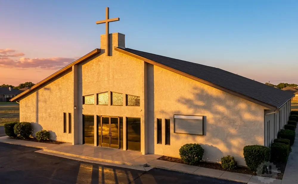 Church with cross on roof, lit by golden sunset light.