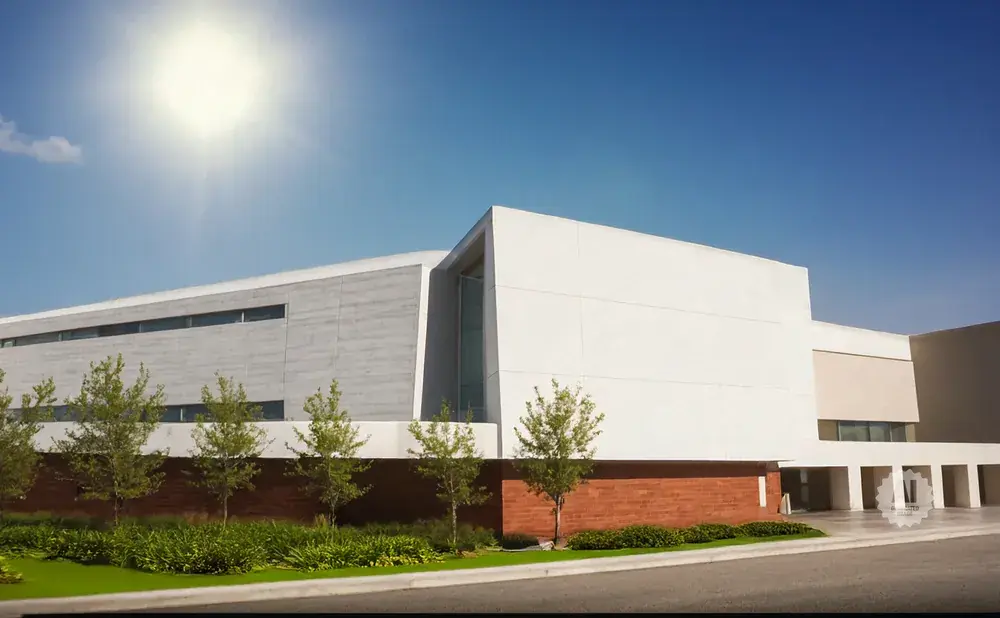 Modern white building with concrete accents, green trees, and a bright sunny sky.