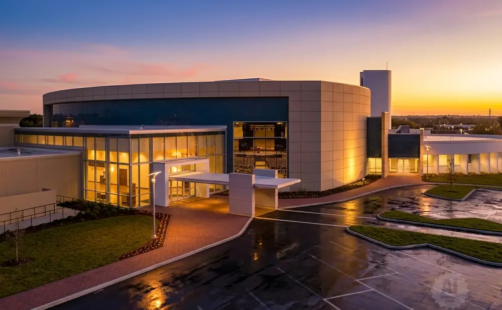 Modern building with glass facade and curved elements at sunset.