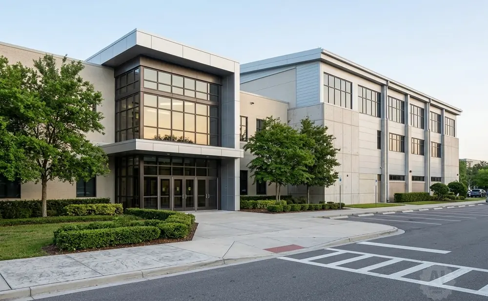 Modern brick and concrete building with large windows, trees, and a parking lot.