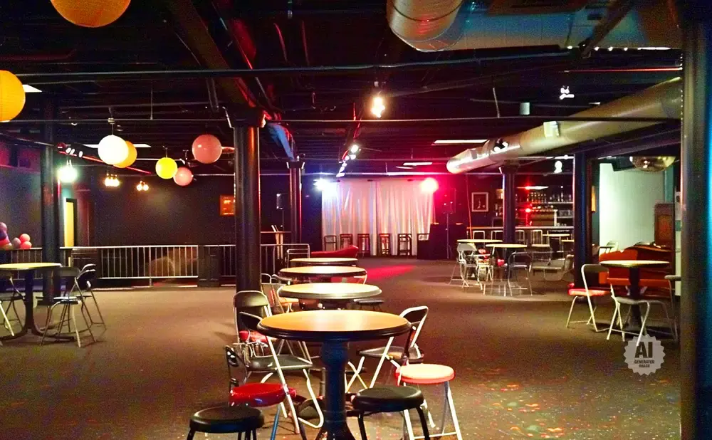 Interior of a dimly lit event space with tables, chairs, and hanging lanterns.