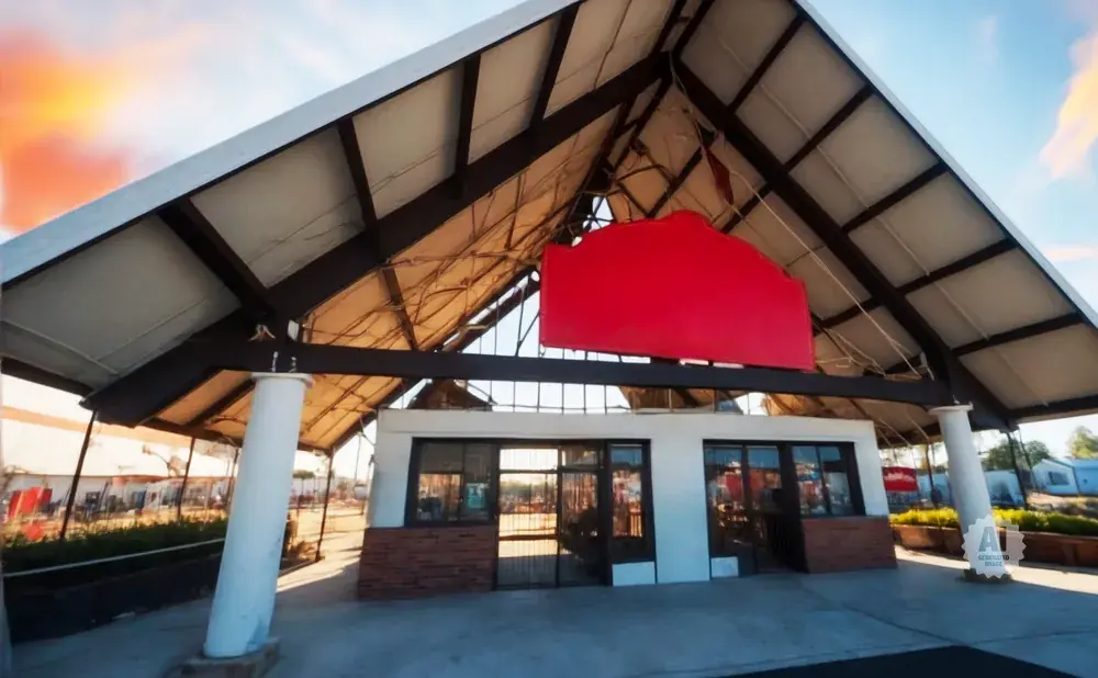 A large, red, curved sign hangs under a white-roofed structure supported by white pillars.