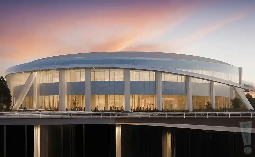 Modern, oval building with large glass windows and a curved roof, at sunset.
