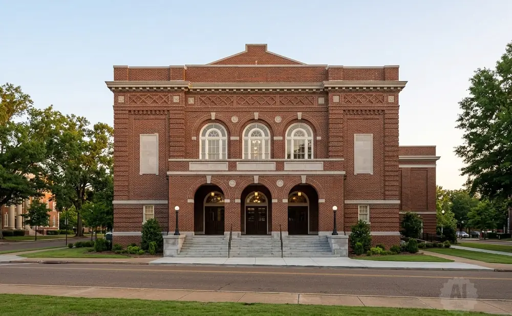 Brick building with arched doorways and windows, with trees and a street in front.