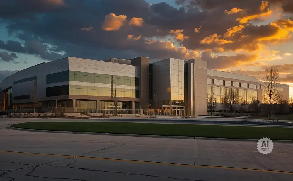 Modern glass-fronted building at sunset with dramatic clouds reflecting in windows.