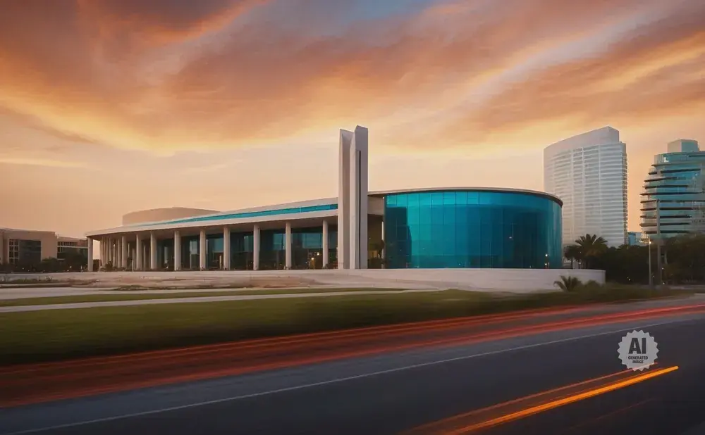 Modern building with blue glass and columns at sunset with blurred car lights on road.