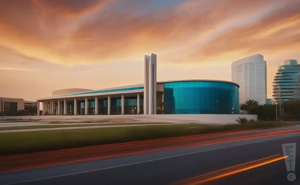 A modern building with a curved blue glass section against a dramatic sunset sky.