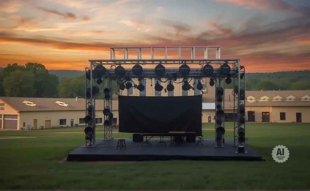 Outdoor stage setup with lights and backdrop at sunset.