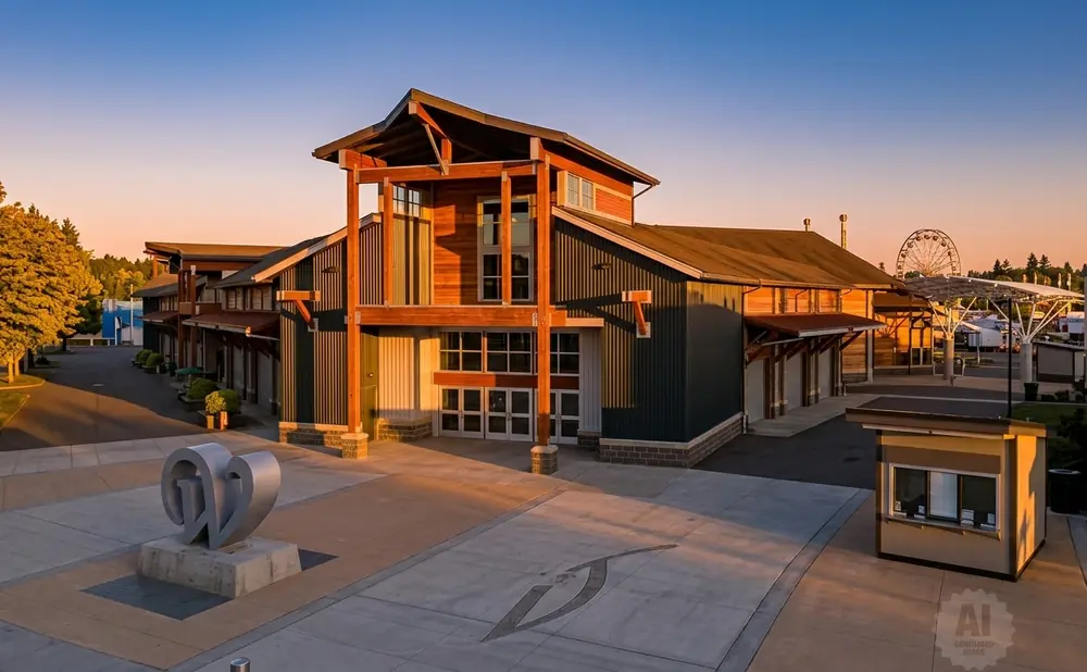 Modern building with a large wooden entryway and a contemporary sculpture in the foreground.