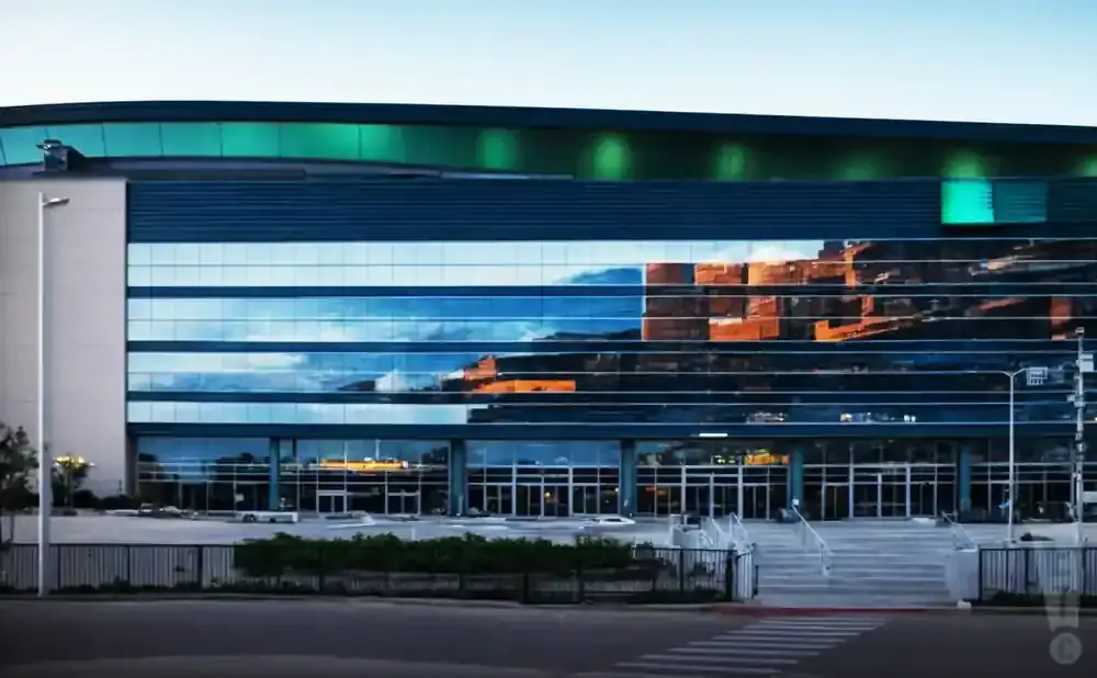 Modern building with reflective glass facade showing sky and orange building reflections, with entrance and lights.