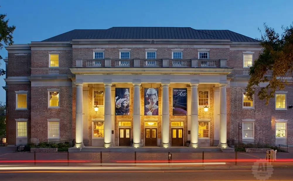 A grand brick building with a portico and large banners is lit at dusk, with car light trails in the foreground.