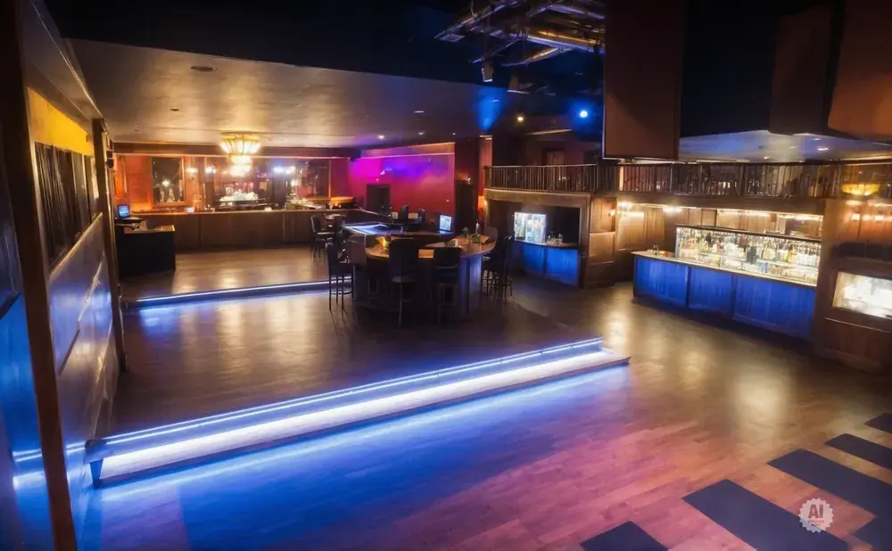 Interior of a dimly lit, wood-paneled nightclub with a circular bar, a second-floor balcony, and blue LED lighting on the floor.