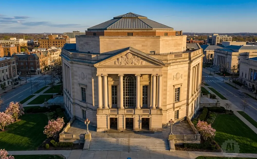 Aerial view of a large, ornate sandstone building with a domed roof, flanked by other classical buildings and city streets.