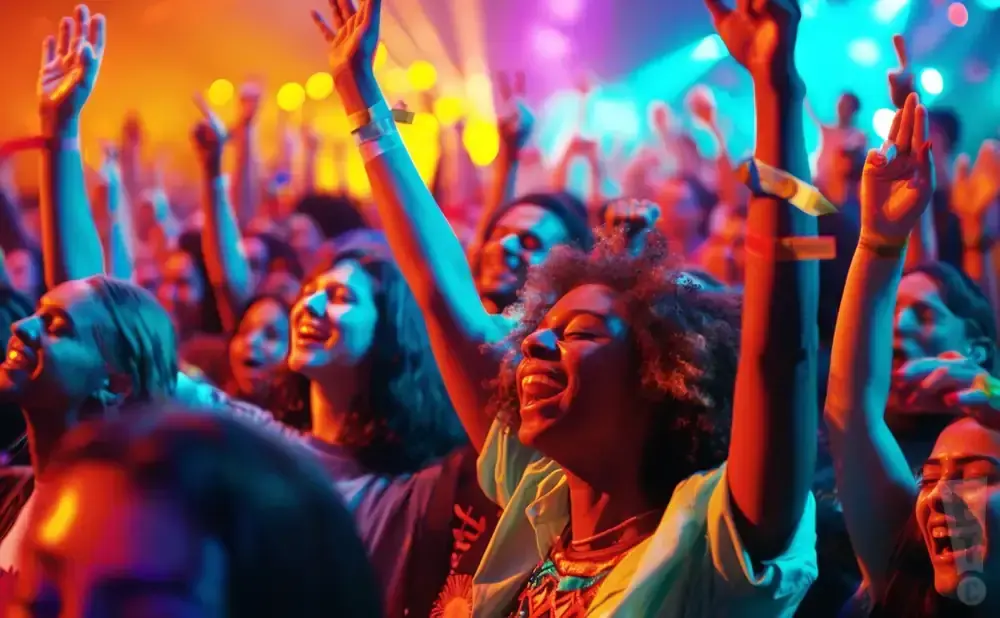 A crowd of people with their hands raised in the air at a concert, lit by colorful stage lights.
