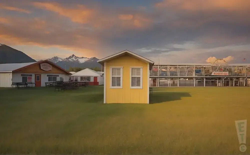 A small yellow building stands in a grassy field with mountains in the background.